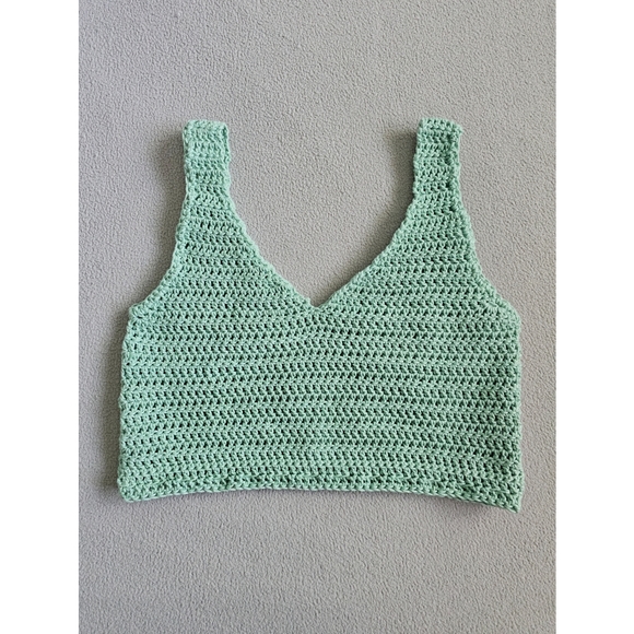 Crochet Open Knit V-Neck Cropped Tank - Mint (Handmade) - Picture 2 of 9